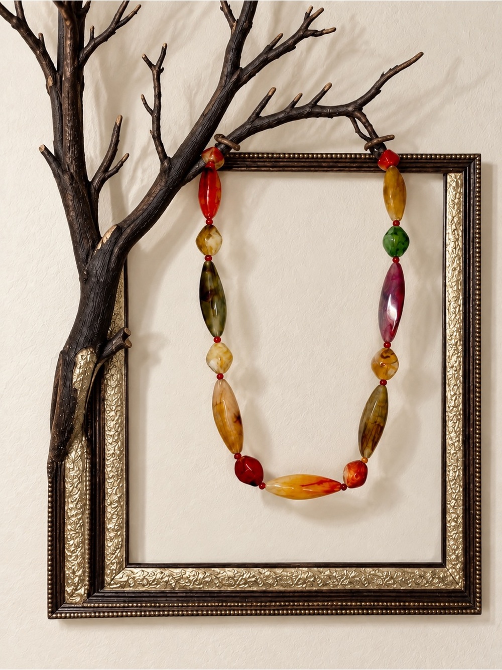 Long Beaded Necklace Earring Set Multi Color Boho Earthy Acrylic Stones Artisan